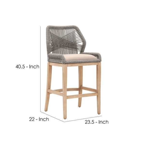 Counter Stool with Wooden Legs and Rope Back， Gray and Brown