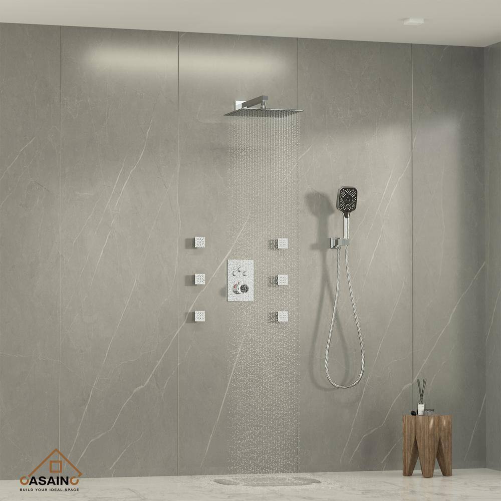 CASAINC 6-Spray Thermostatic Dual Shower Heads 12 in. Wall Mount Fixed and Handheld Shower Head 2.5 GPM with 6-Jets in Chrome CS6219-12CH