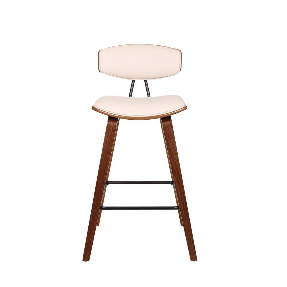 Armen Living Fox 26 in. Mid-Century Counter Height Bar Stool in Cream Faux Leather with Walnut Wood LCFOBAWACR26