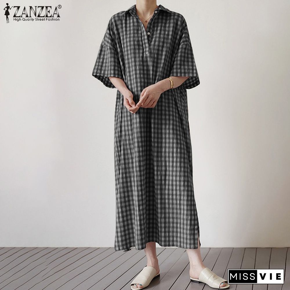 Women Half Sleeve Collared Kaftan Casual Grid Printed Button Down Plus Size Long Maxi Shirt Dress