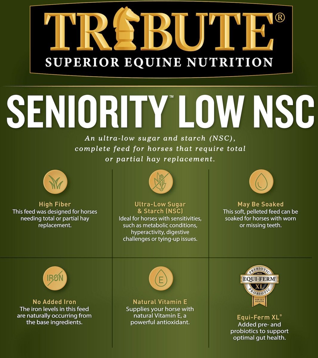 Tribute Equine Seniority Low NSC Pellet for All Horses， 50-lb bag