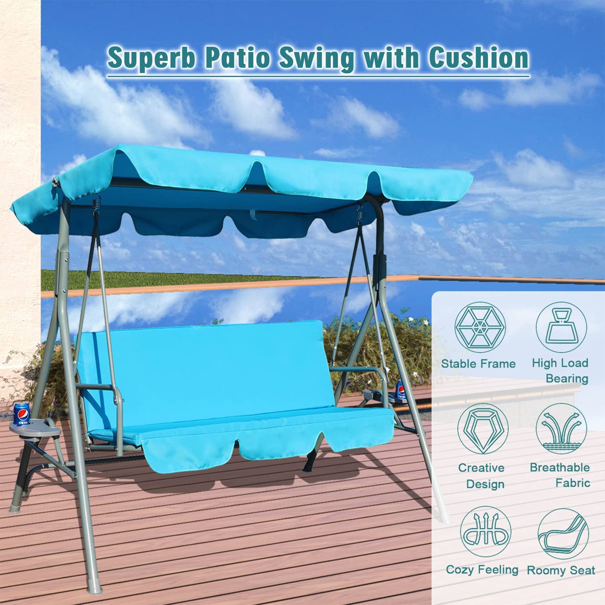 GOLDSUN 3 Person Glider Swing Hammock Chair w/ Utility Tray & Canopy, Blue