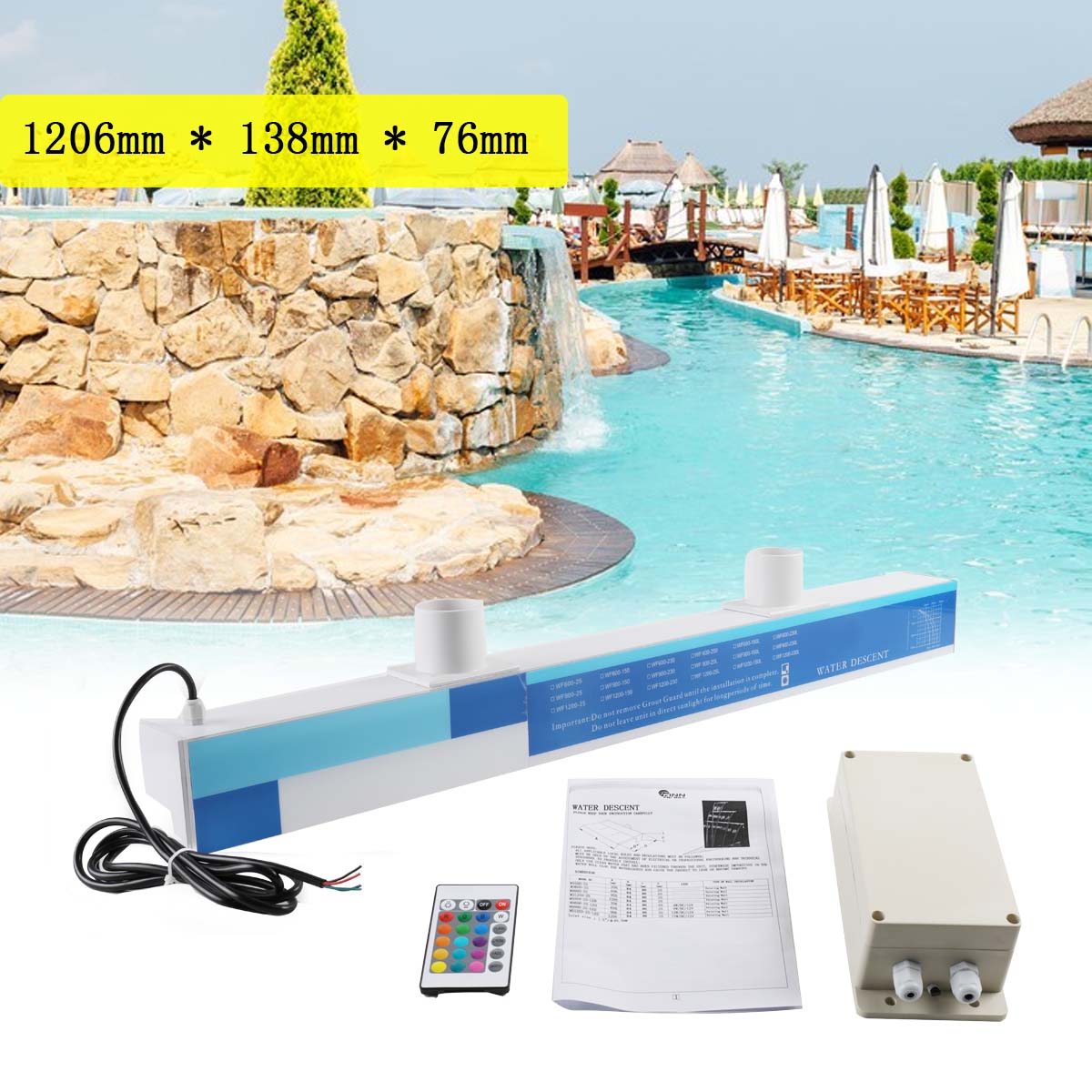 ECUTEE Pool Fountain with LED Strip Light 47.5 x 5.4 x 3 inch Rectangular Pool Waterfall Spillway for Garden