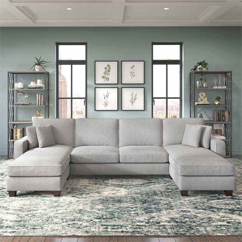 Stockton 131W Sectional Couch with Double Chaise in Light Gray Microsuede   Transitional   Sectional Sofas   by Homesquare  Houzz