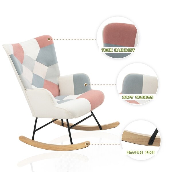 Fabric Rocker Chair with Wood Legs and Patchwork Linen