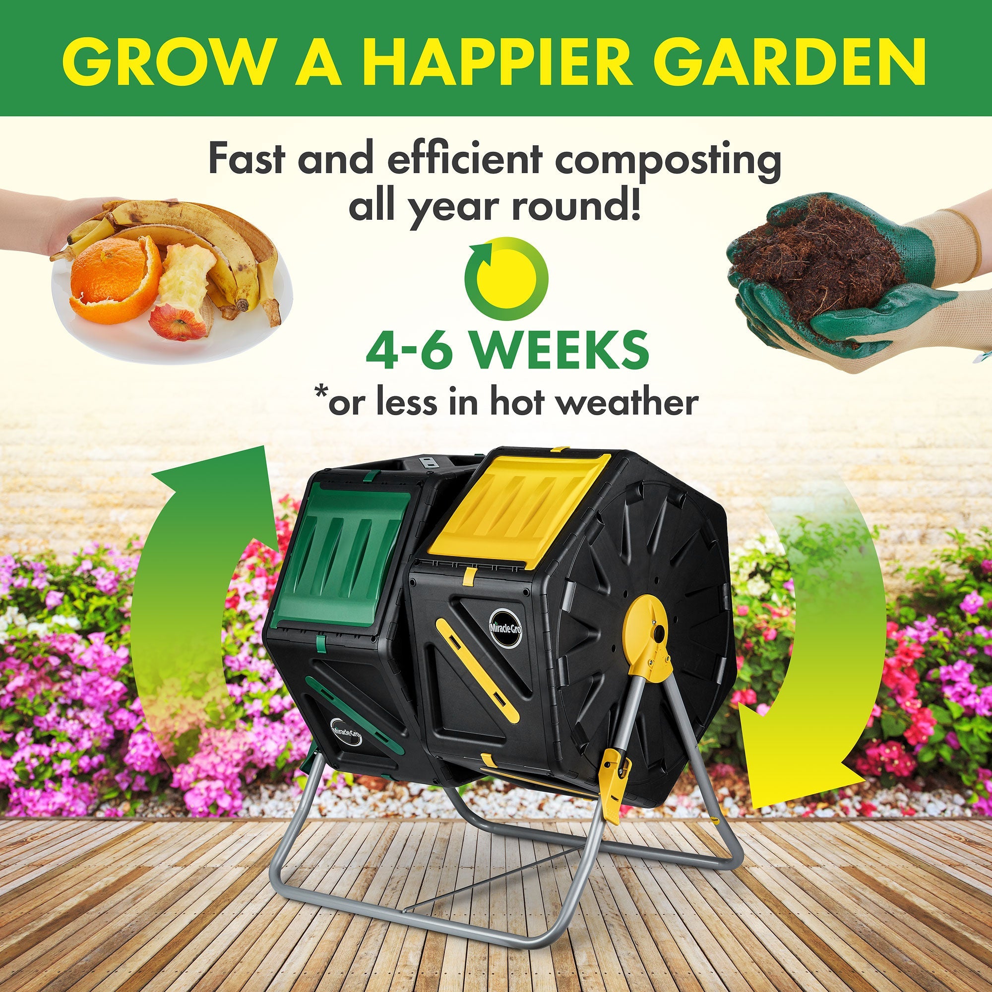 Miracle Gro Dual Chamber Compost Tumbler Outdoor Bin with Easy-Turn System, 2 Sliding Doors, Sturdy Steel Frame, All Season Composter , BPA-Free - Gardening Gloves included