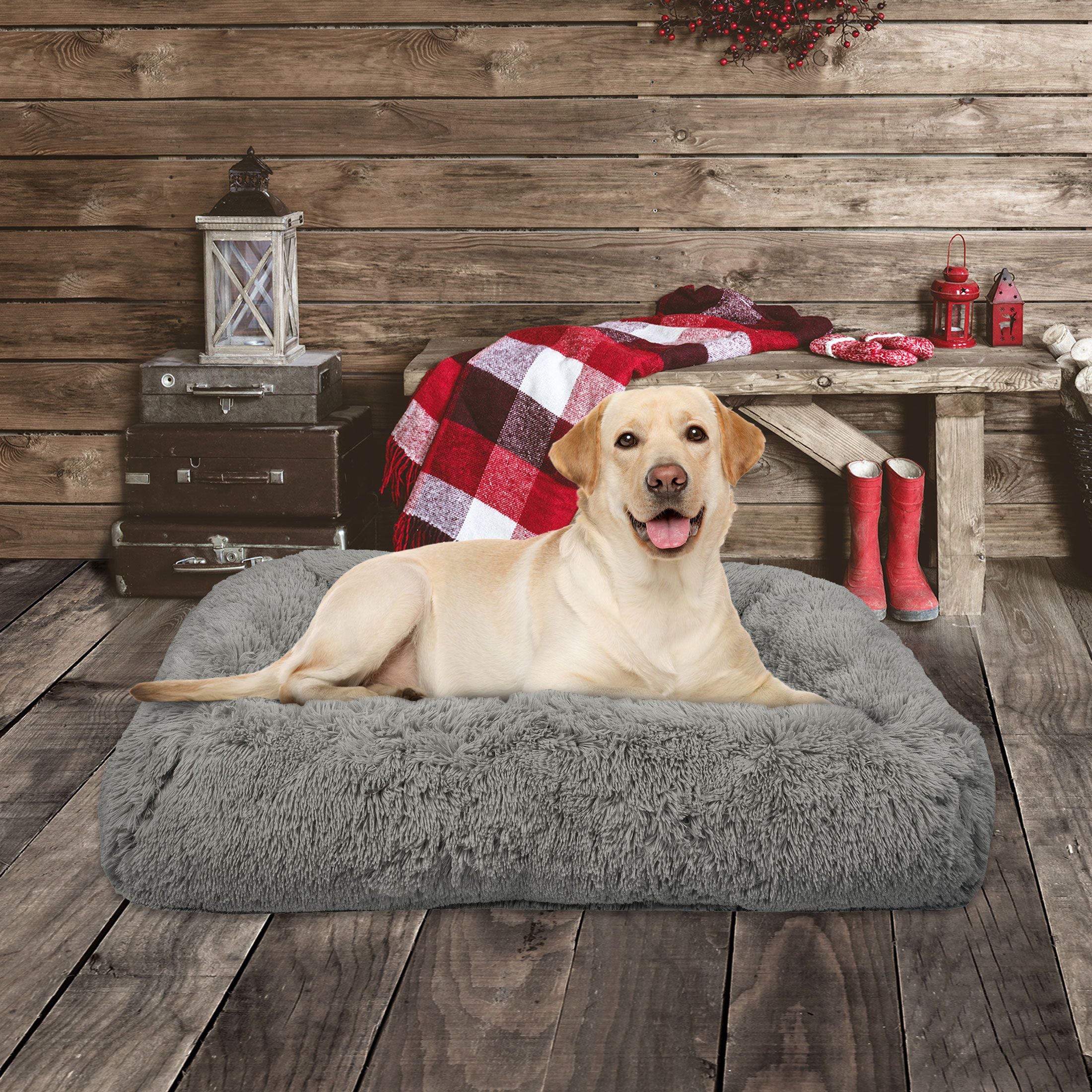 Vibrant Life Large Furry Bolster Dog Bed, Taupe