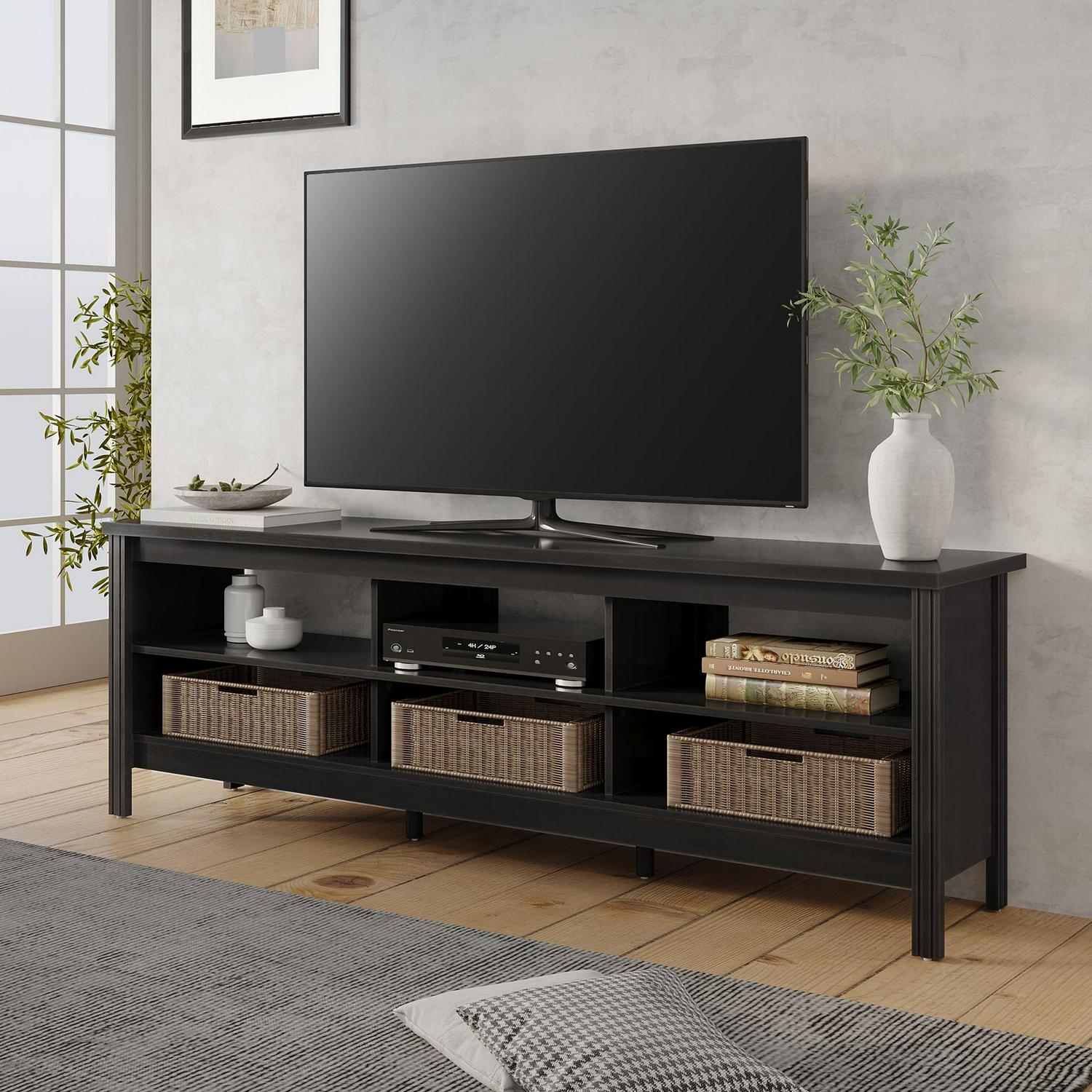 Wampat 75 inch Wood TV Stand Black Media Console Cabinet Black  Crowdfused