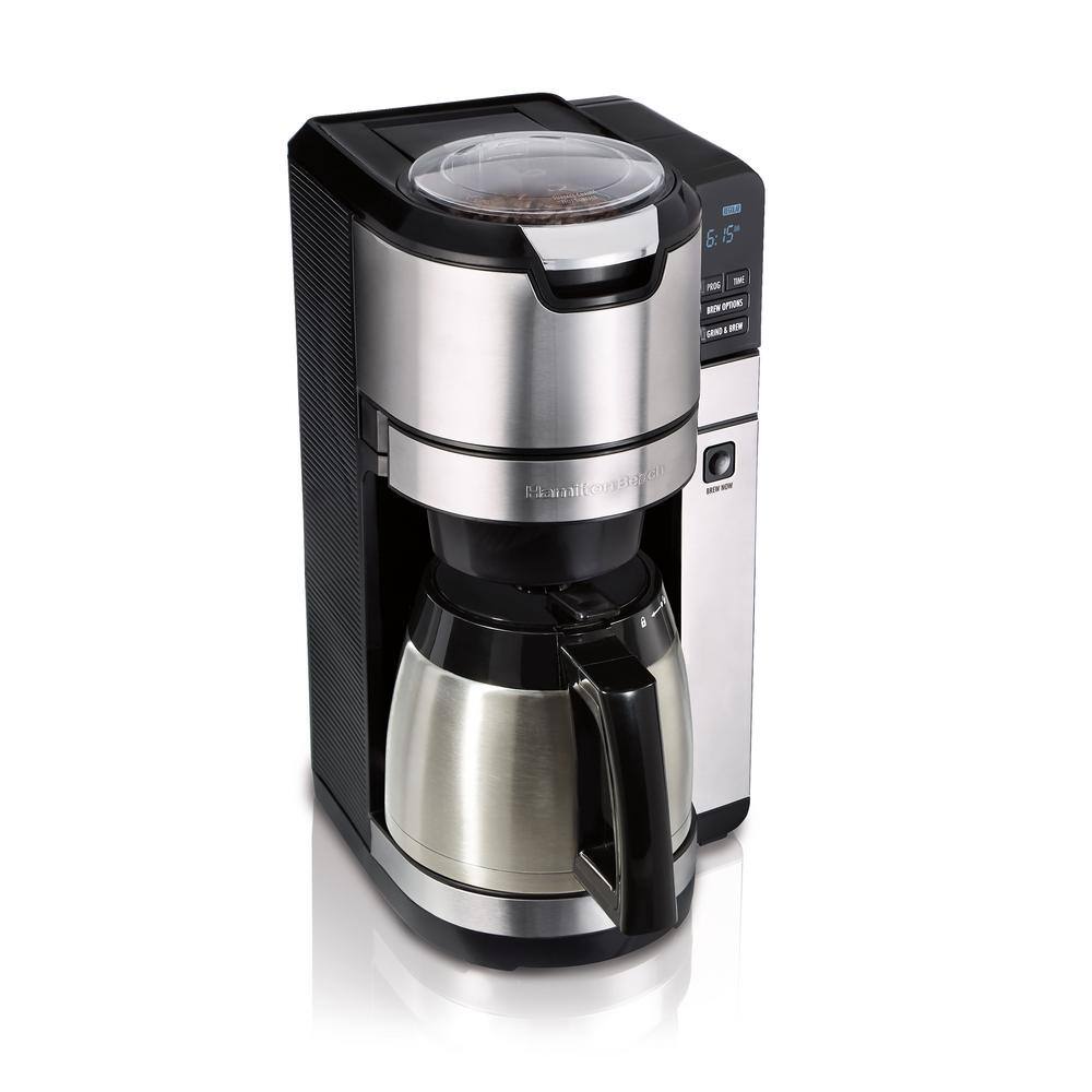 Hamilton Beach 10-Cup Black and Stainless Steel Drip Coffee Maker with Auto-Rising Coffee Grinder 45501