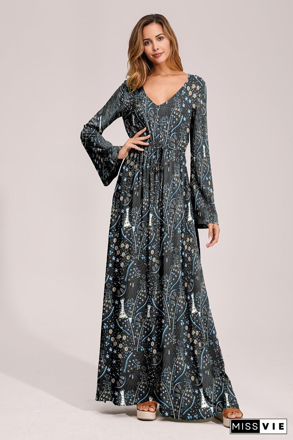 Floral Deep Long Sleeves Tie Back Ruffled Hem Maxi Dress