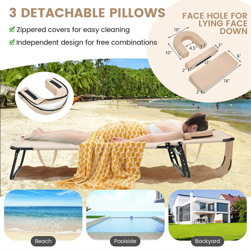 Folding Beach Chaise Lounge Chair 5-Position Adjustable Sunbathing Recliner with Face Hole & Dechatable Pillows