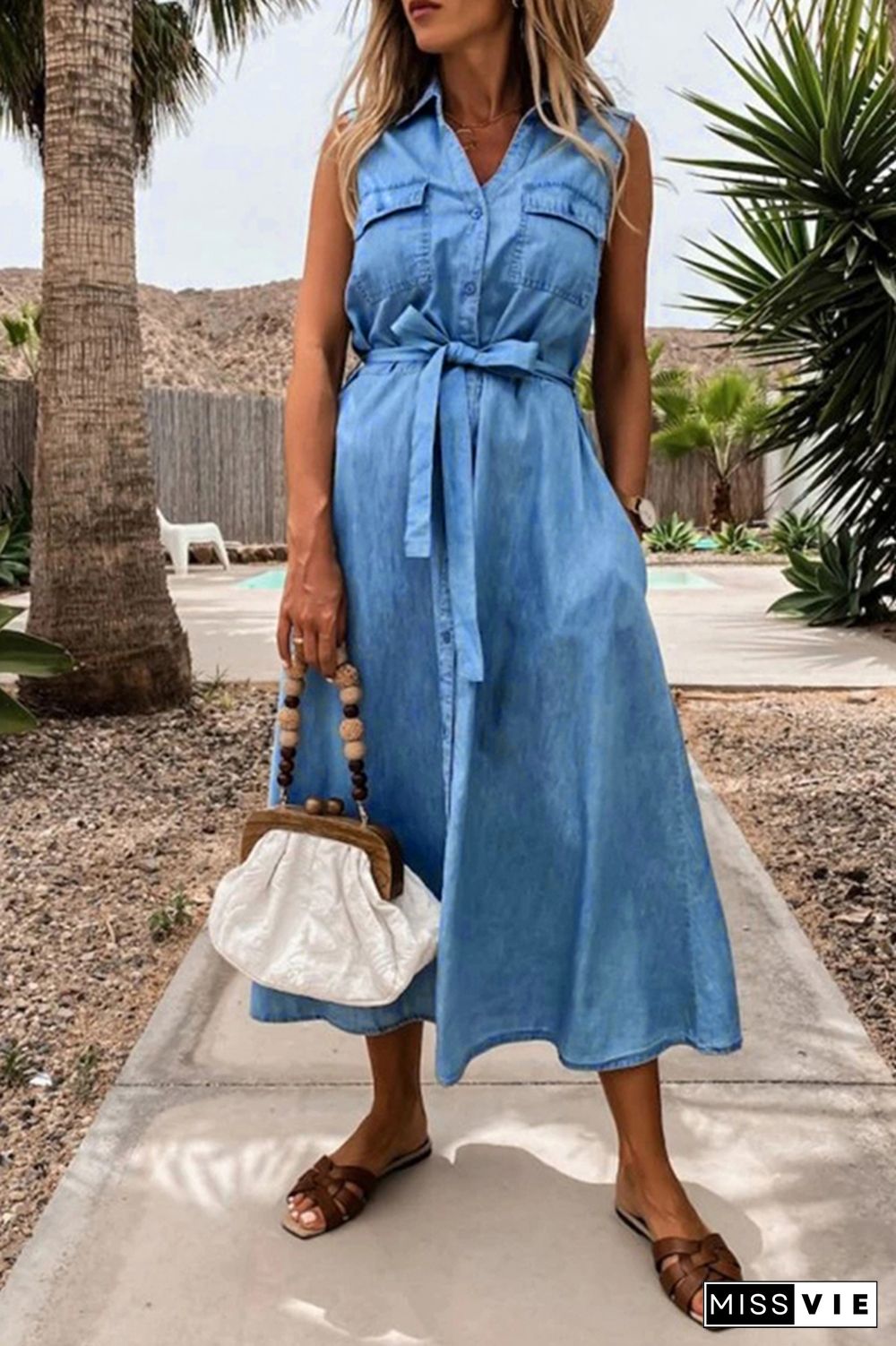 Sleeveless Button Pocket Waist Tie Denim Dress