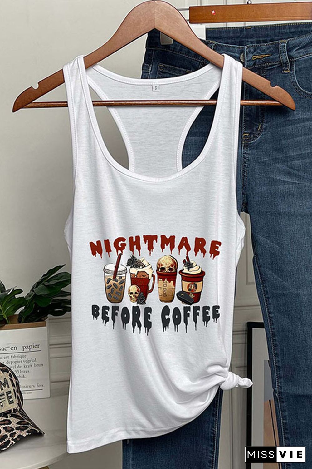 Nightmare Before Coffee Halloween Vibes O-neck Sleeveless Tank Top Wholesale