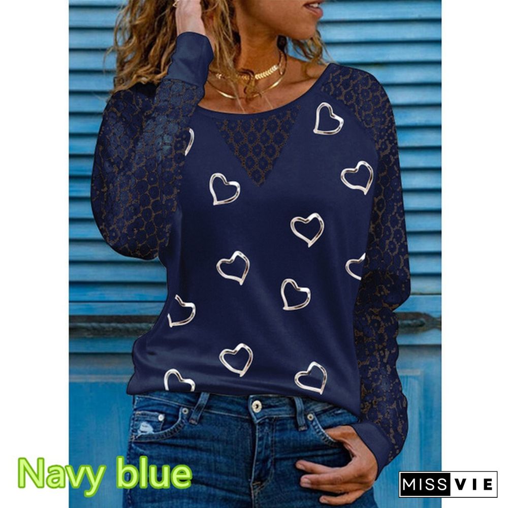 Spring and Early Autumn New Fashion Women's Love Printed Lace Long Sleeve Casual Top Loose Plus Size Soft and Comfortable Round Neck Bottoming Shirt XS-5XL