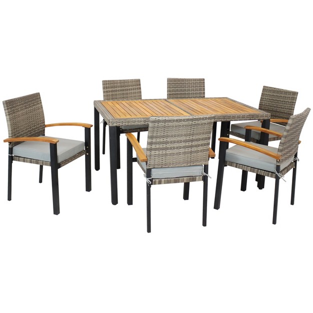 Sunnydaze Outdoor Rattan And Acacia Wood Carlow Patio Dining Set With Table Chairs And Seat Cushions 7pc