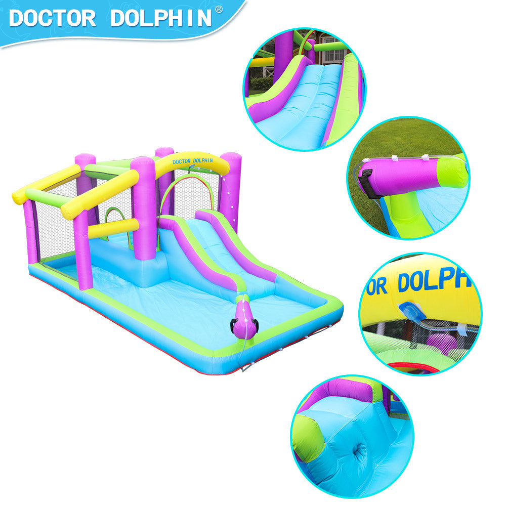 Inflatable Bounce House 5 in 1 Water Slide Jumping Park With Splashing Pool Water Cannon Including Carry Bag Stakes Repair Kit Hose (with 450W Air Blower)