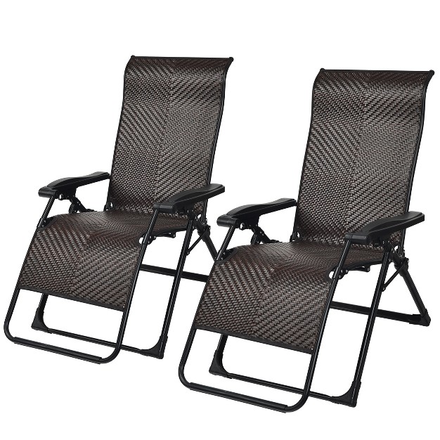 Tangkula 2 piece Patio Rattan Wicker Recliner Chair Zero Gravity Folding Chaise Lounger