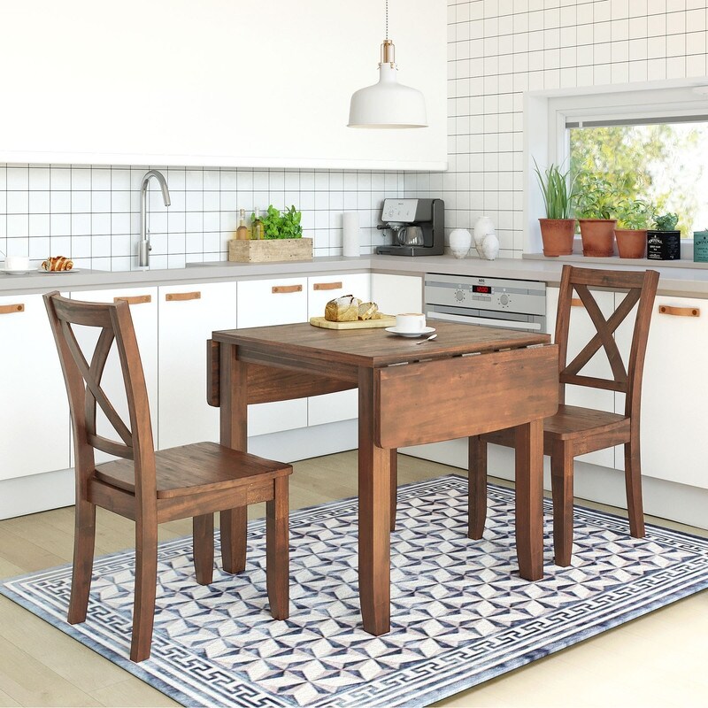 3 Piece Wood Extendable Drop Leaf Dining Table Set with 2 X back Chairs for Small Places