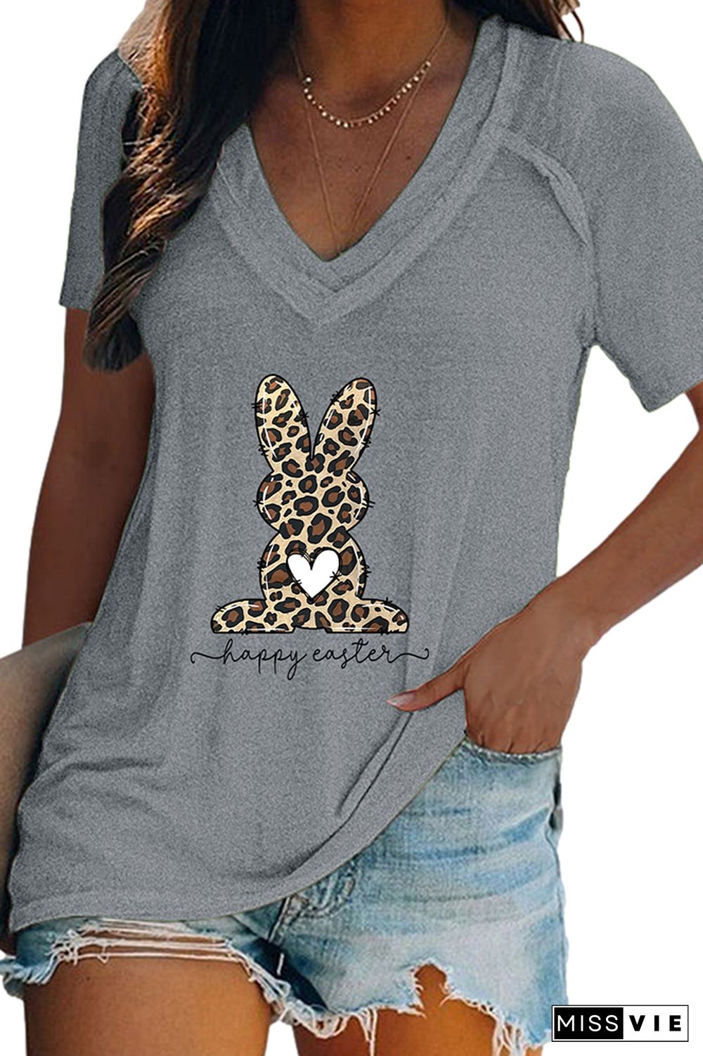 Happy Easter Leopard Bunny V Neck Graphic Tee