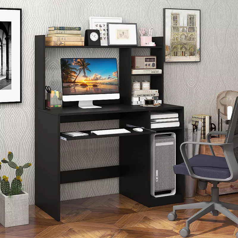 Home Office Computer Desk with Bookcase Keyboard Tray and CPU Stand