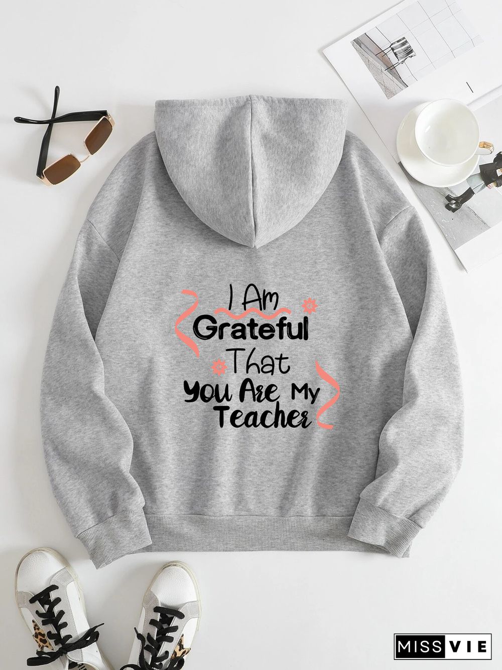 Printed on the Back Kangaroo Pocket Hoodie Long Sleeve for Women Pattern I am grateful that you are my teacher