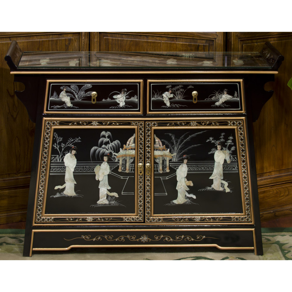 Black Lacquer Mother of Pearl Motif Oriental Altar Style Cabinet   Asian   Accent Chests And Cabinets   by China Furniture and Arts  Houzz