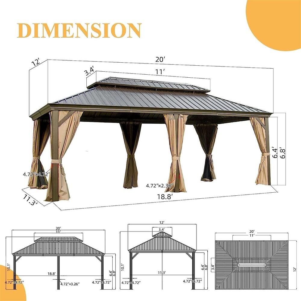 Brown 12x20 ft Permanent Hardtop Gazebo with Roof  Curtains  and Netting