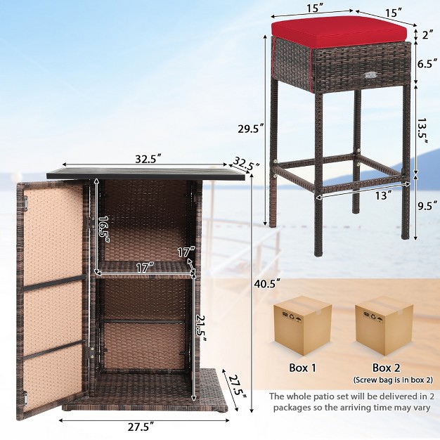 Tangkula Tangkula 5pcs Patio Bar Set Rattan Bar Furniture Set W Table amp 4 Cushioned Stools Red