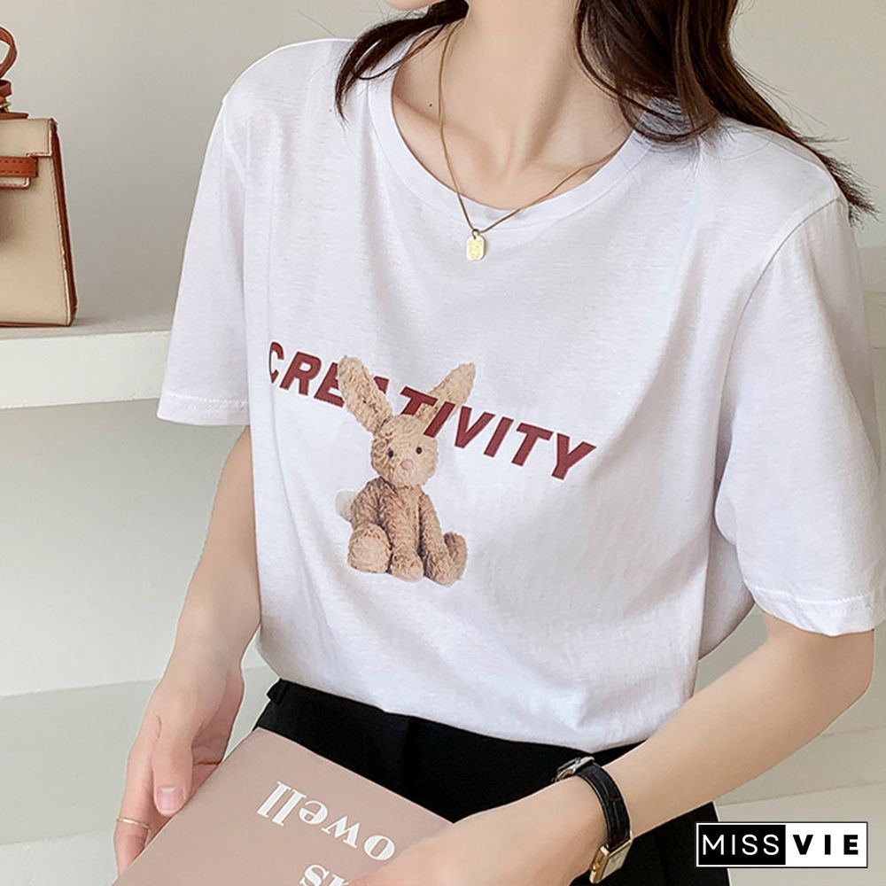 Cartoon Letter Print Round Collar Loose T-Shirt