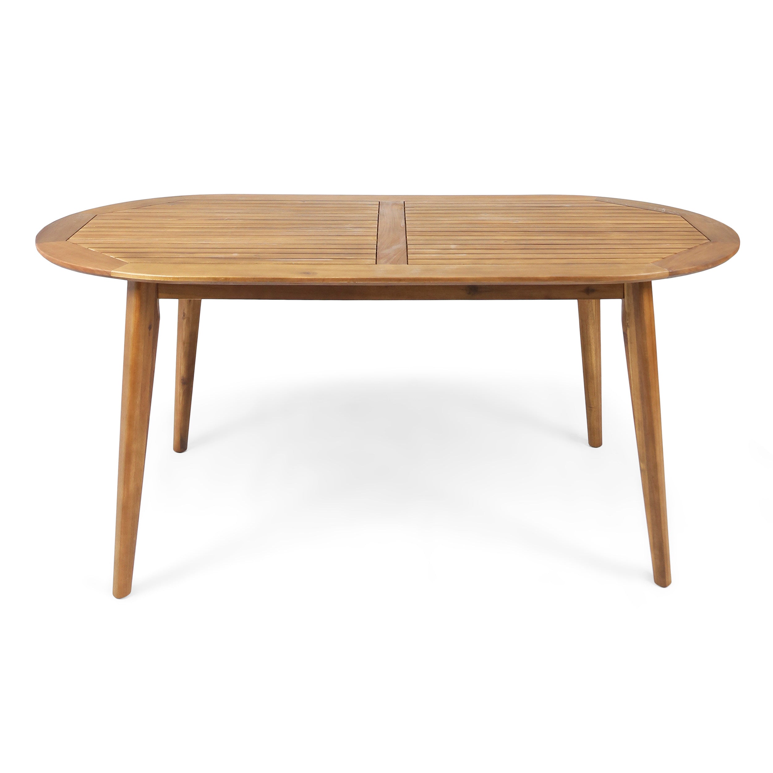 Stanford Outdoor Rustic Slat-Top Acacia Wood Oval Dining Table with Tapered Legs