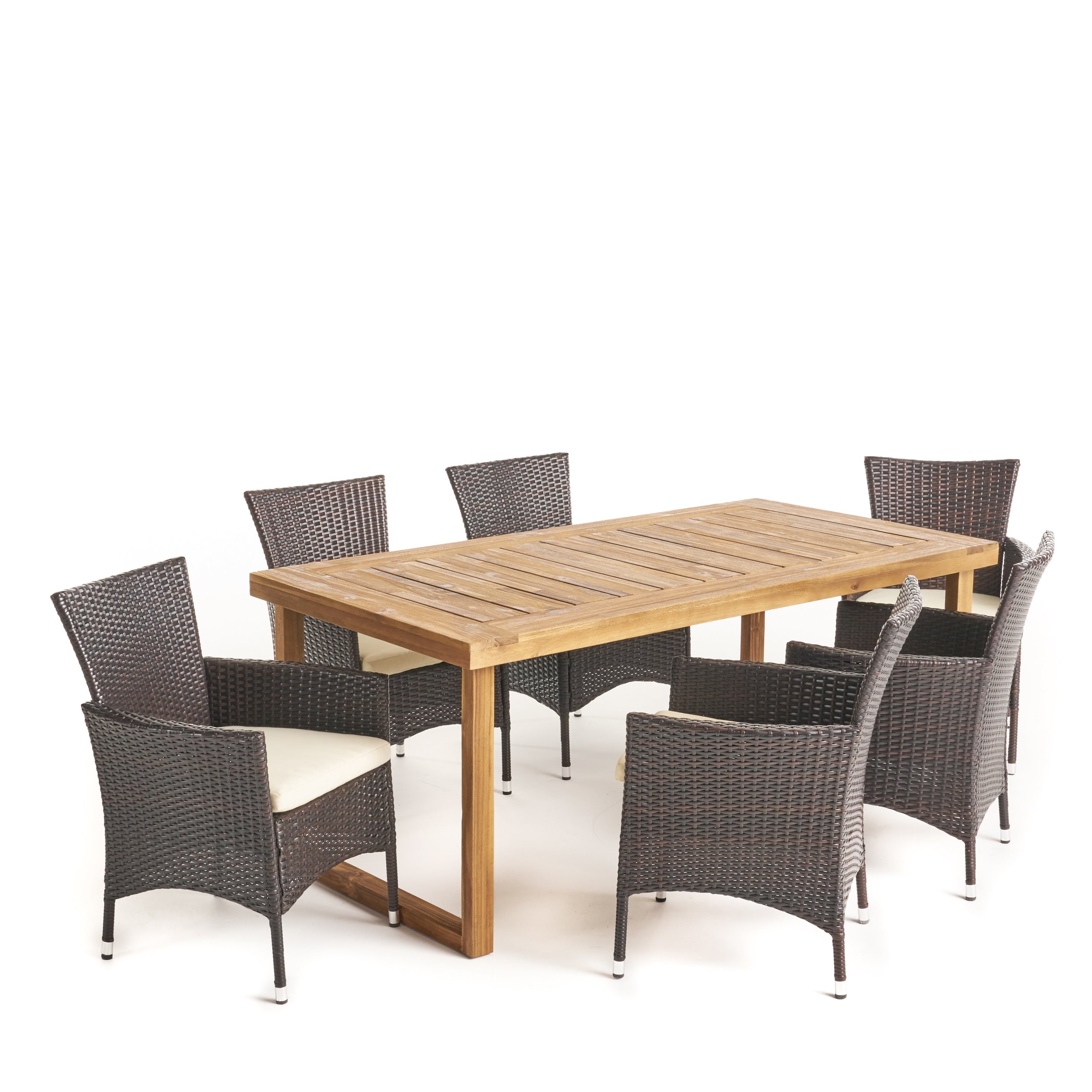 Fraser Outdoor 6-Seater Acacia Wood Dining Set with Wicker Chairs, Sandblast Natural Finish and Multi Brown and Beige