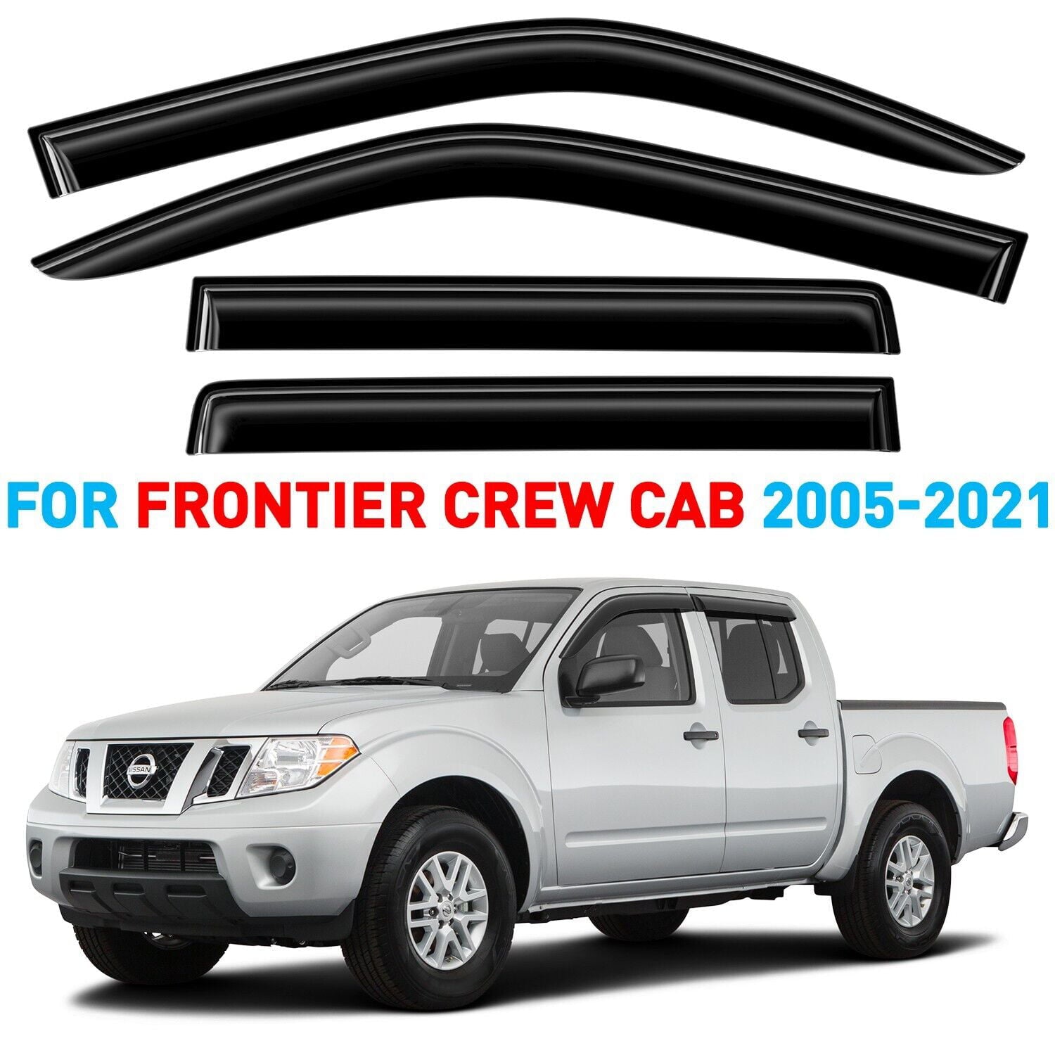 GrandWheel Co Smoke Tinted Tape-On Side Window Vent Visor Deflectors Rain Guards Compatible with Nissan Frontier 2005-2021 Crew Cab/Suzuki Equator 2009-2013 Crew Cab - 4 pcs. GW0170