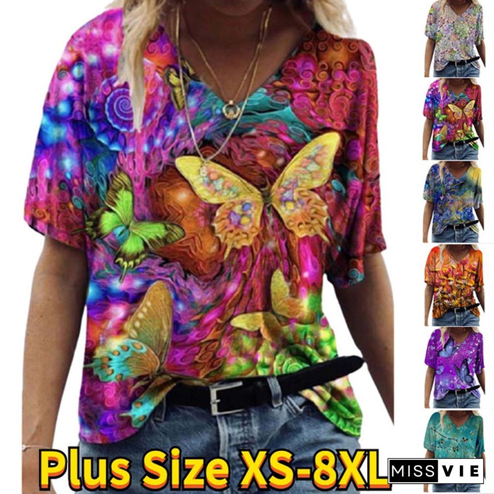 Women 3D Flower Print T Shirt Abstract Top Summer New Fashion Street Casual V-Neck Loose Tee Oversized Ladies Cotton Tops Plus Size XS-8XL