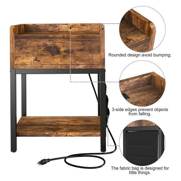 Fabato End Table And Nightstand W Usb Charging Station And Power Supply Cord For Living Rooms And Bedrooms Side Storage Bag Included Rustic Brown