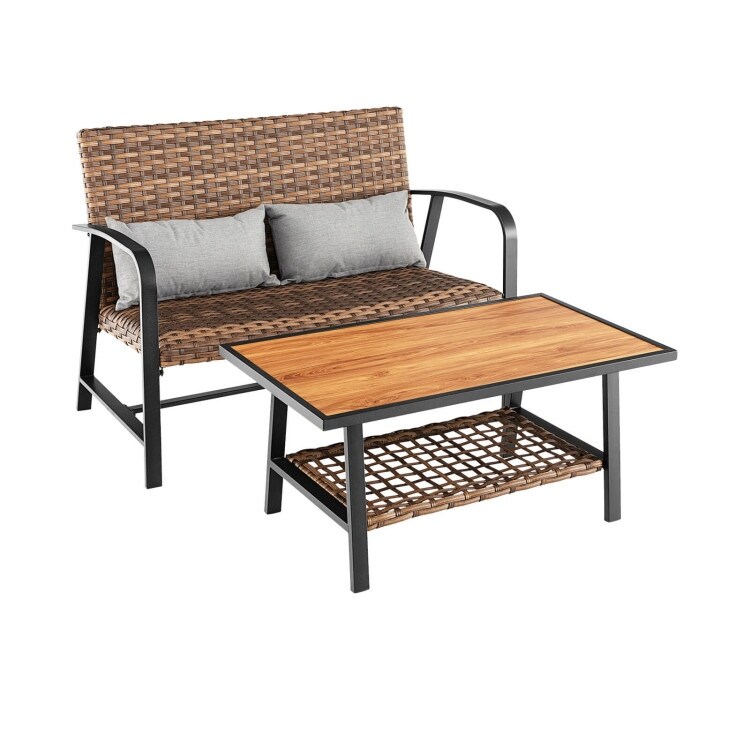 2 Pieces Patio Rattan Coffee Table Set with Shelf   N/A