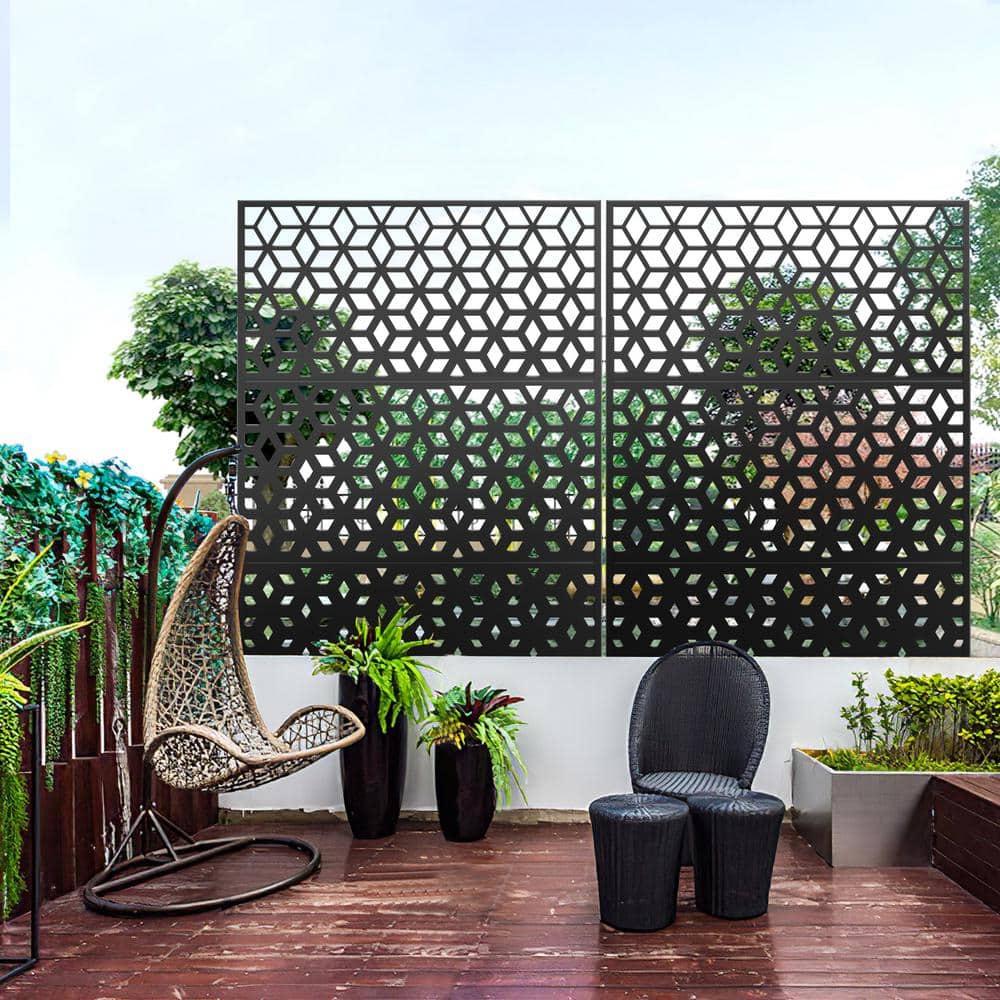 FENCY 76 in. Galvanized Steel Garden Fence Outdoor Privacy Screen Garden Screen Panels Rhomb Pattern in Black A-GE04031