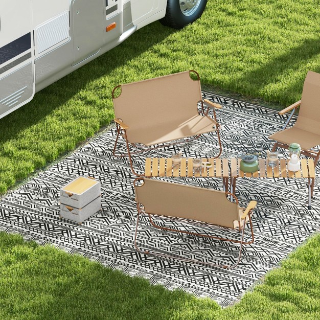 Outsunny Rv Mat Outdoor Patio Rug Large Camping Carpet With Carrying Bag 9 x27 X 12 x27 Waterproof Plastic Straw Reversible Gray amp Cream White Boho