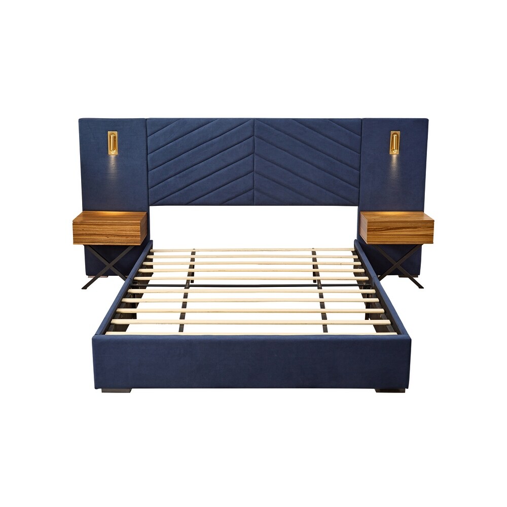 King Velvet Bed Frame Platform Bed   Retro Blue