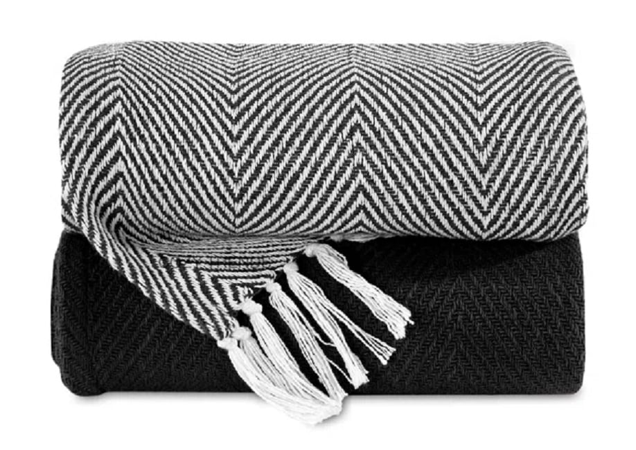 Luxurious Hand Woven Cozy Warm Combed Cotton All Season Indoor Outdoor Light Weight Fade Resistant Couch Chair Bed Throw Blankets Chevron 50x60 Inch Set of 2