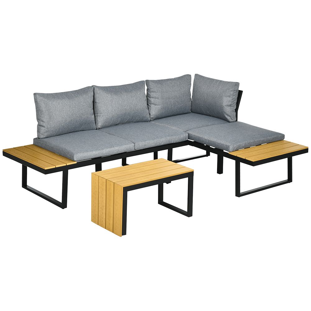 Outsunny 3 Piece Patio Furniture Set， Outdoor Sofa Set with Chaise Lounge and Loveseat， Soft Cushions， Woodgrain Plastic Table， L-Shaped Sectional Couch， Dark Gray