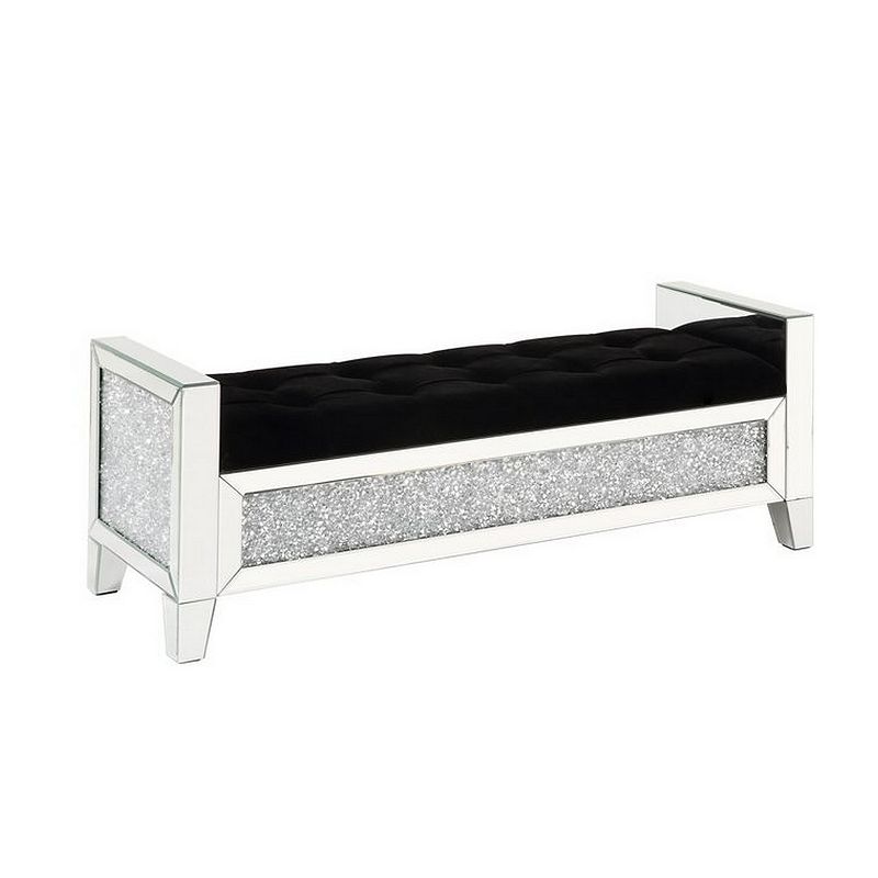 Mirrored Bench with Faux Diamonds and Button Tufted Seat， Silver