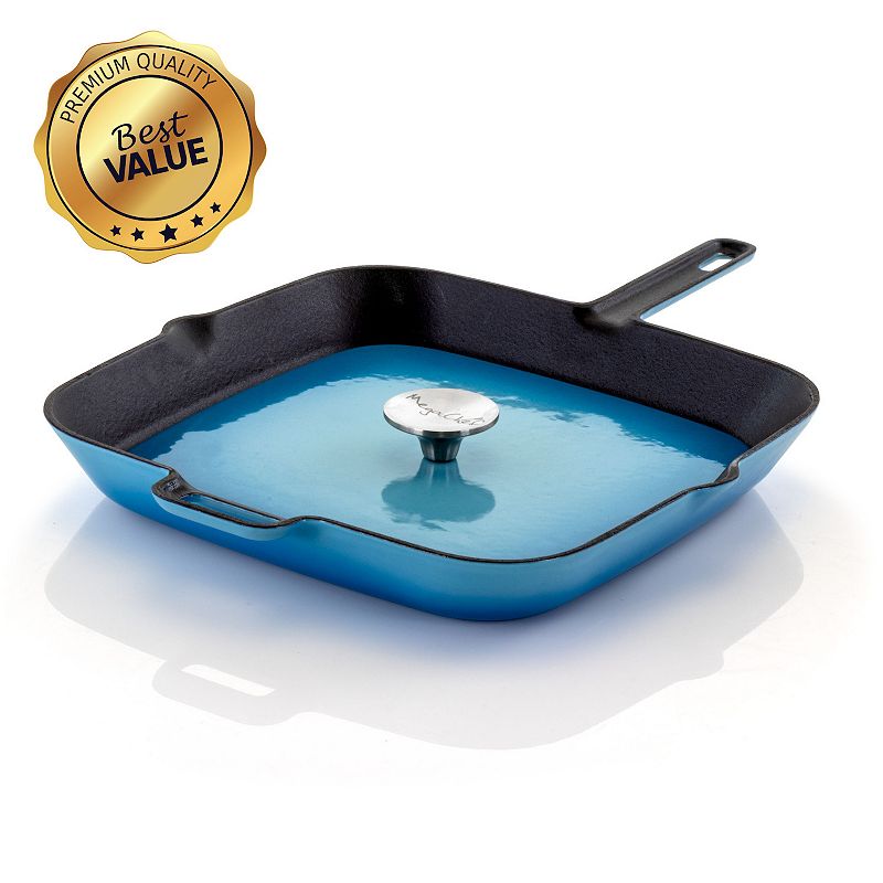 MegaChef Pro 11 Inch Square Enamel Cast Iron Grill Pan with Matching Grill Press in Blue with Press