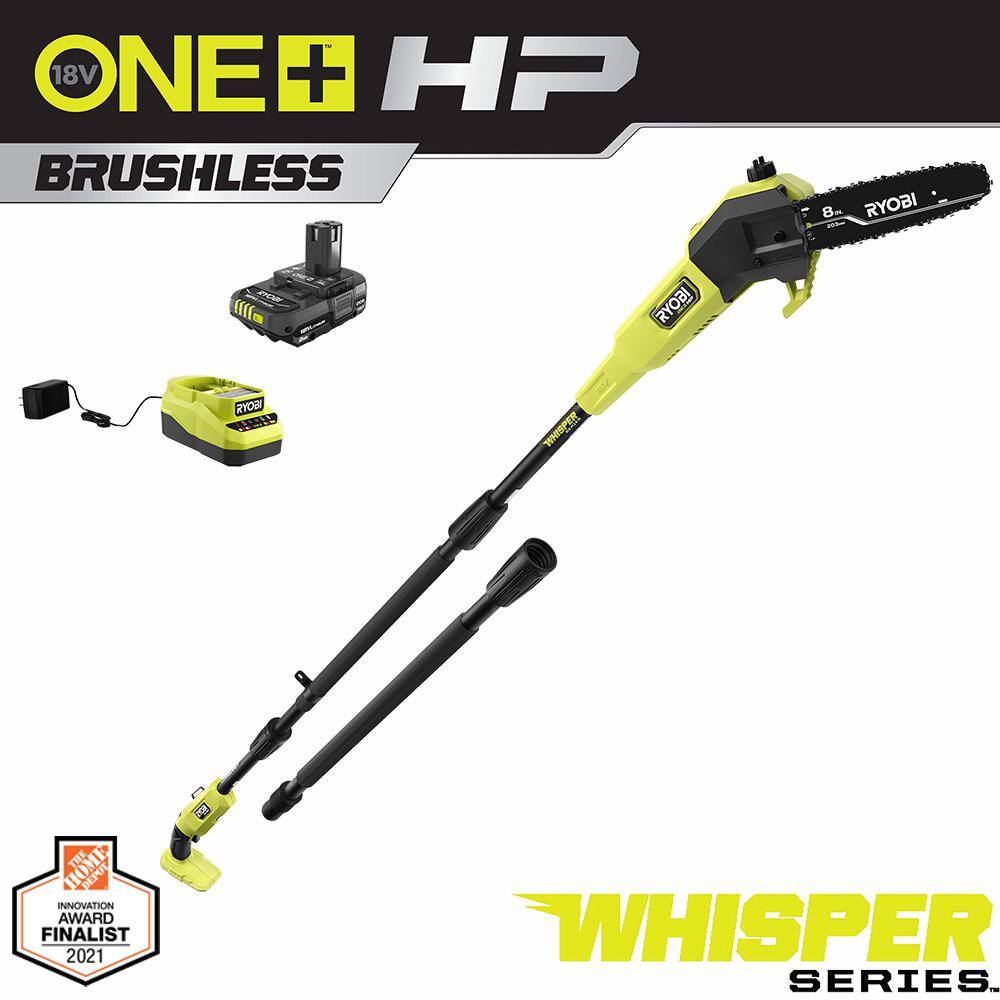 RYOBI ONE+ HP 18V Brushless Whisper Series 8 in. Cordless Battery Pole Saw with 2.0 Ah Battery and Charger P2580