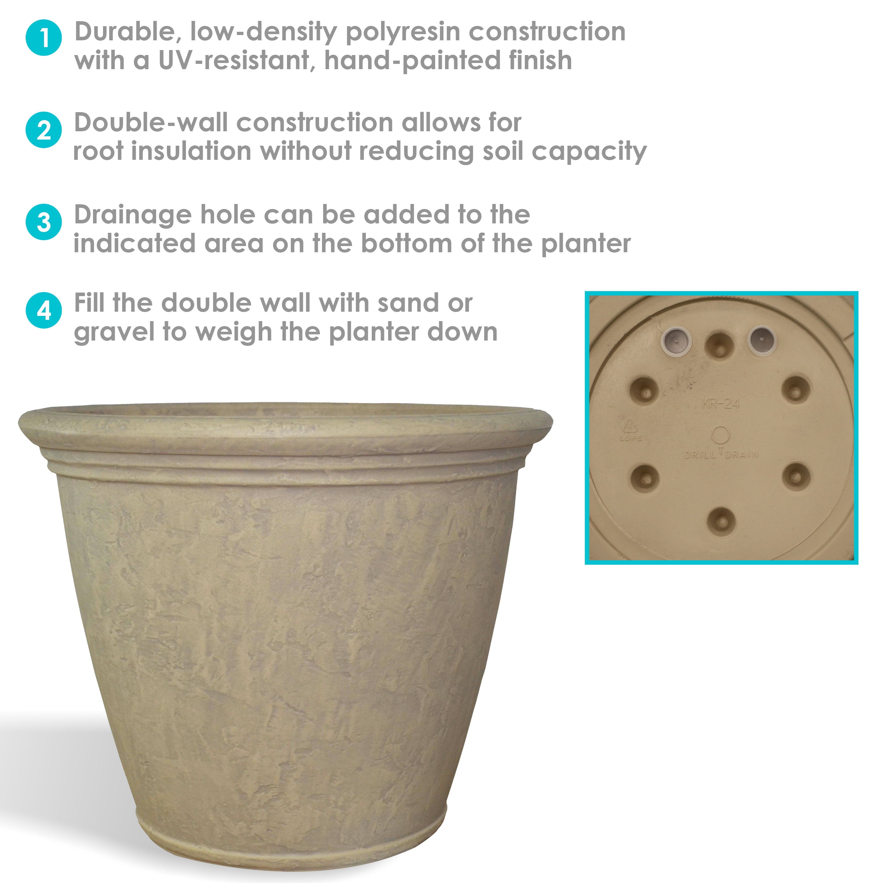 Sunnydaze Indoor/Outdoor Patio, Garden, or Porch Weather-Resistant Double-Walled Anjelica Flower Pot Planter - 24