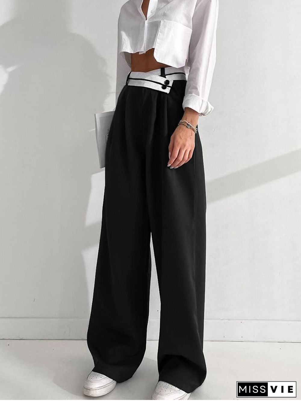 Asymmetrical Contrast Waistband Wide Leg Pants