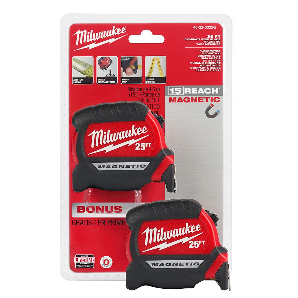 MW 25' Compact Wide Blade Magnetic Tape Measure 2-Pack 48-22-0325G from MW