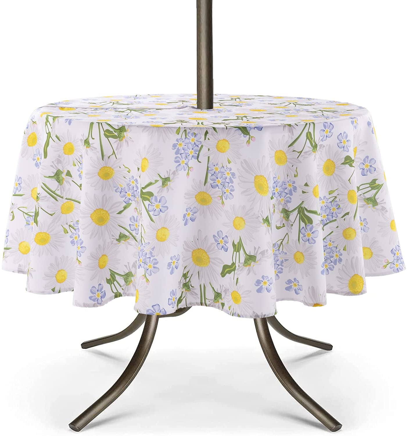 UMINEUX Outdoor Tablecloth with Umbrella Hole and Zipper, Spring/Summer Waterproof Table Cover for Picnic/BBQ/Garden(60" Round, Daisy)