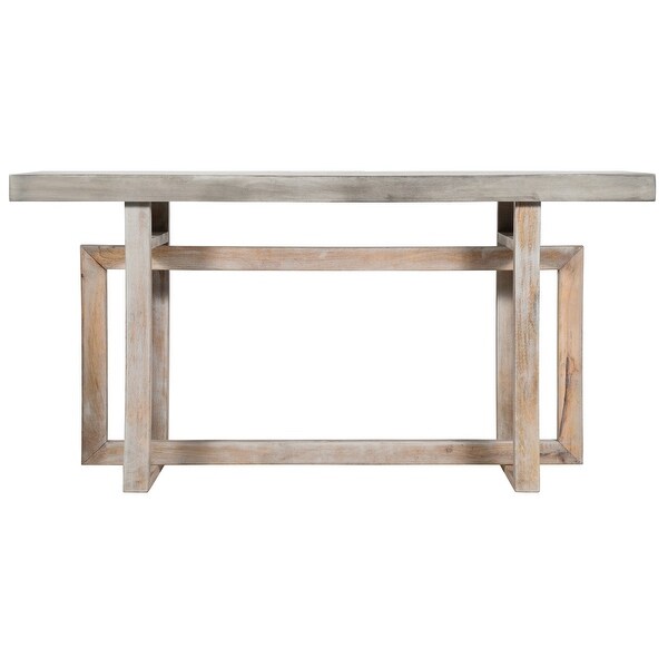 59 Inch Artisan Crafted Farmhouse Console Table with Geometric Interlocked Base， Rustic Light Brown