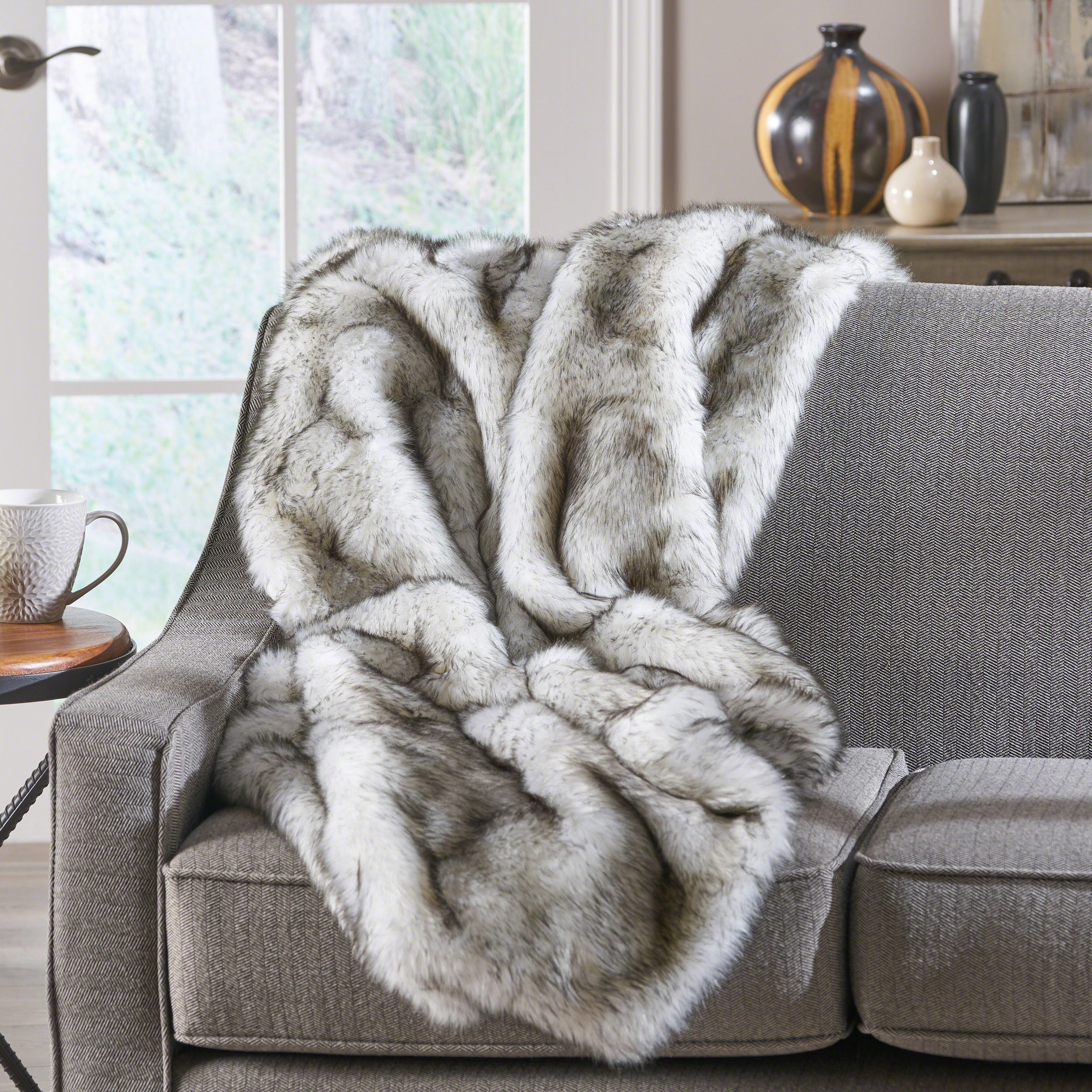 Laraine Modern Glam Rectangular Taupe Faux Fur Throw Blanket