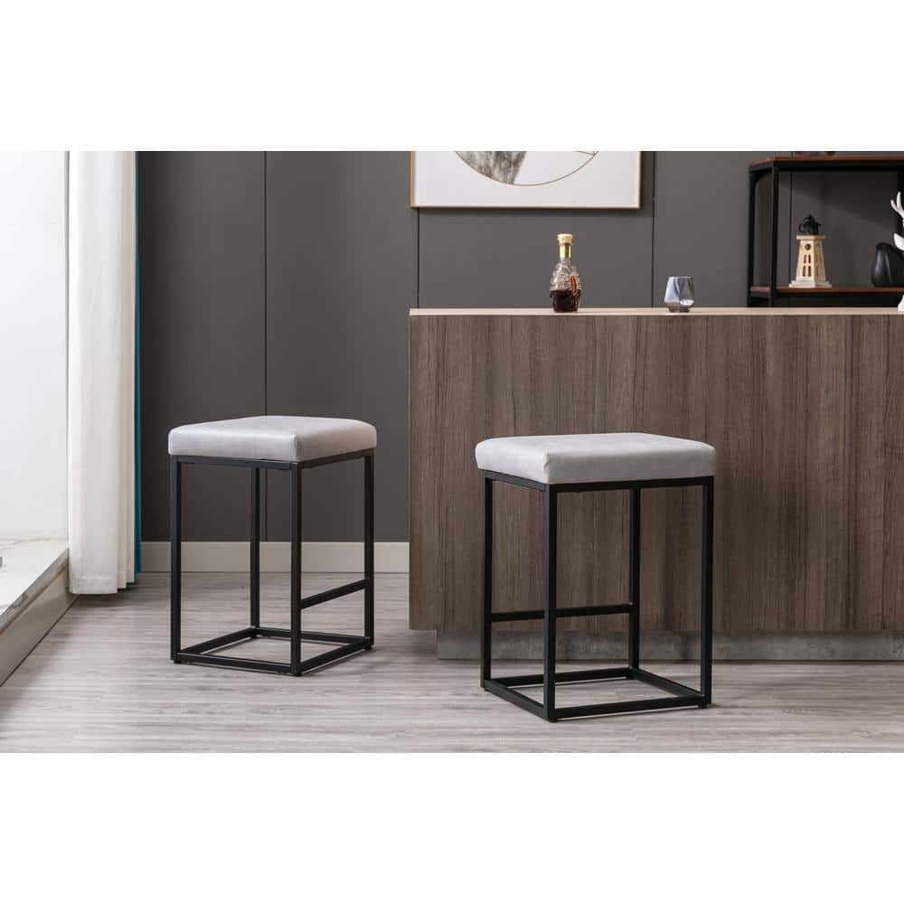 URTR 24 in. Gray Counter Height Backless Bar Stools Set Dining Stools with Faux Leather Seat and Metal Frame (Set of 2) HY02157Y